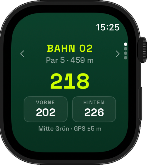 Apple Watch mit GerhelmScore: Entfernung zum Grün, vorne, Mitte und hinten